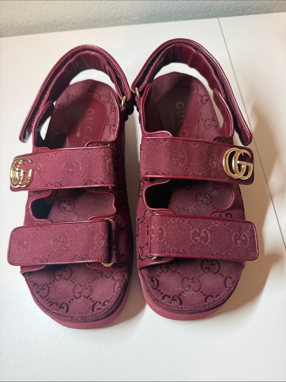 Gucci Burgundy GG Canvas Velcro Sandals with Gold Double G